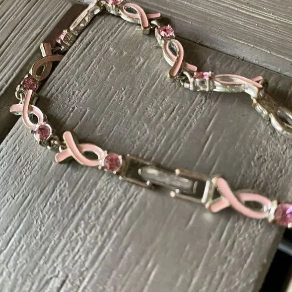 BREAST Cancer Ribbon Bracelet With Pink Stones - Picture 3 of 8